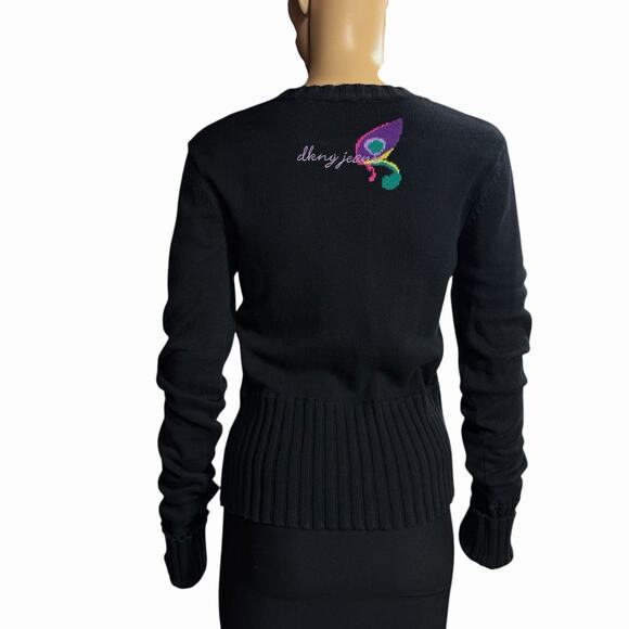 DKNY Jeans Womens Sweater Sz L Slim Fit Black Floral Knit Extra Long Sleeves Y2K - Picture 2 of 10